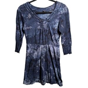 VTG Y2K Dunia Blue Tie Dye Mini Dress Tunic Top Womens M Grunge 3/4 Sleeve Retro